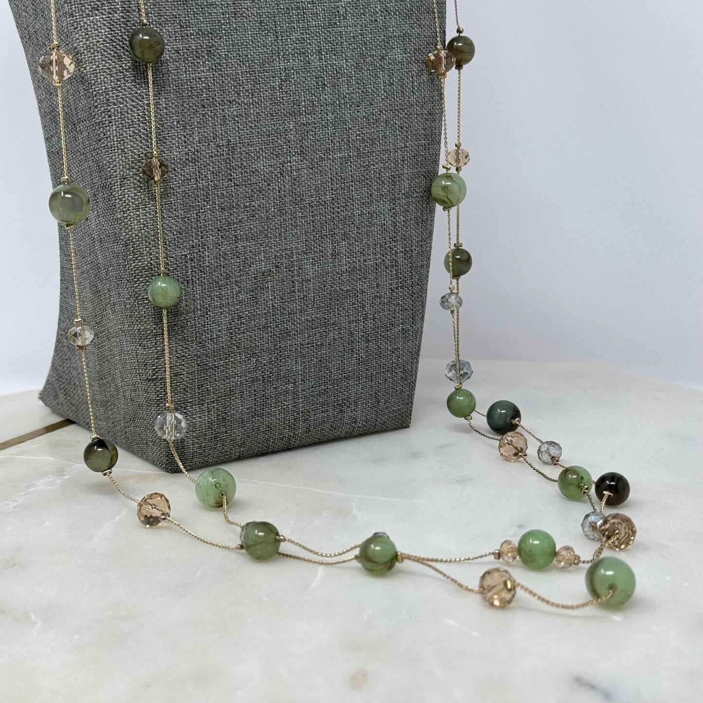Charming Charlie Gold Necklace Multi-Layer Station Green Beads Elegant Delicate 36”