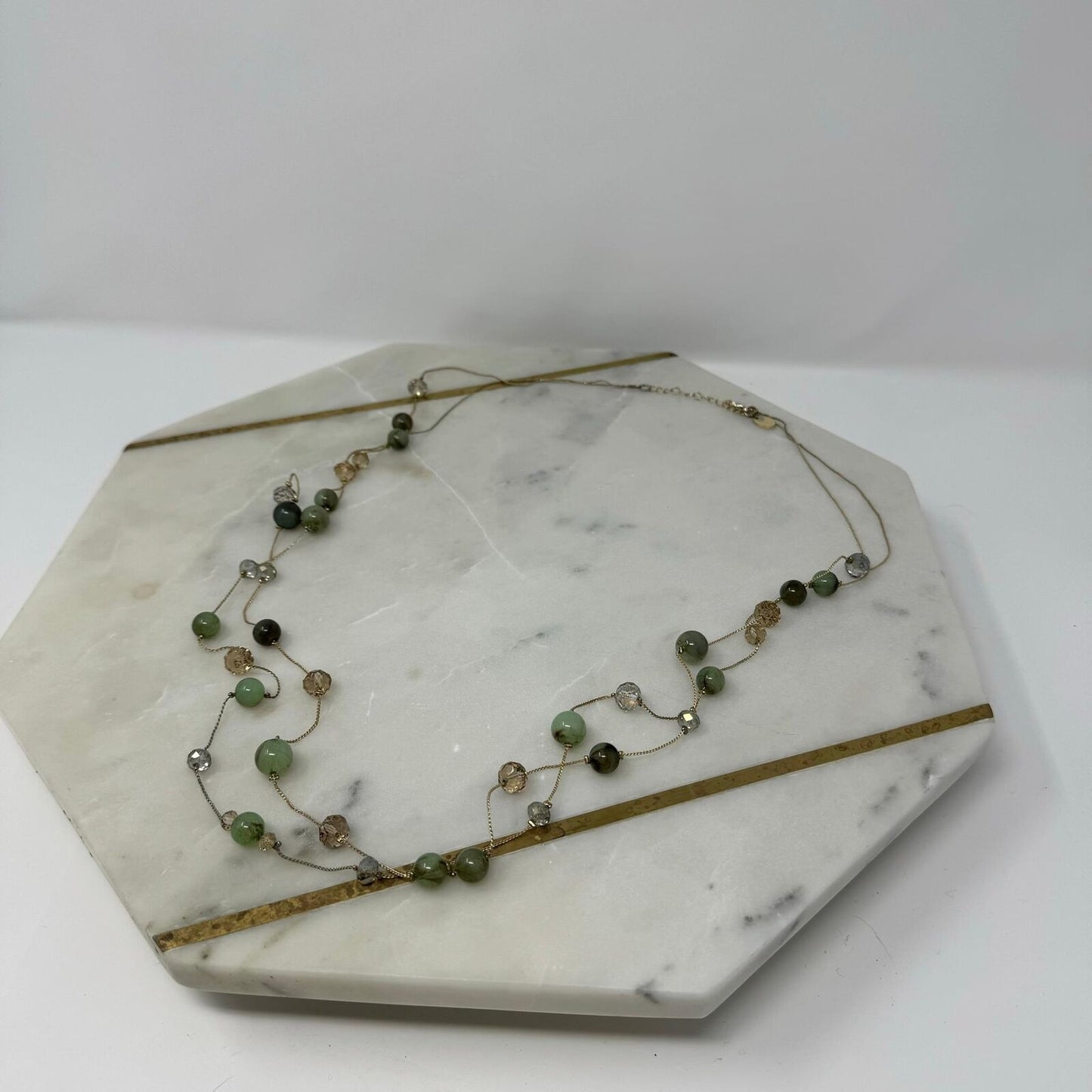 Charming Charlie Gold Necklace Multi-Layer Station Green Beads Elegant Delicate 36”