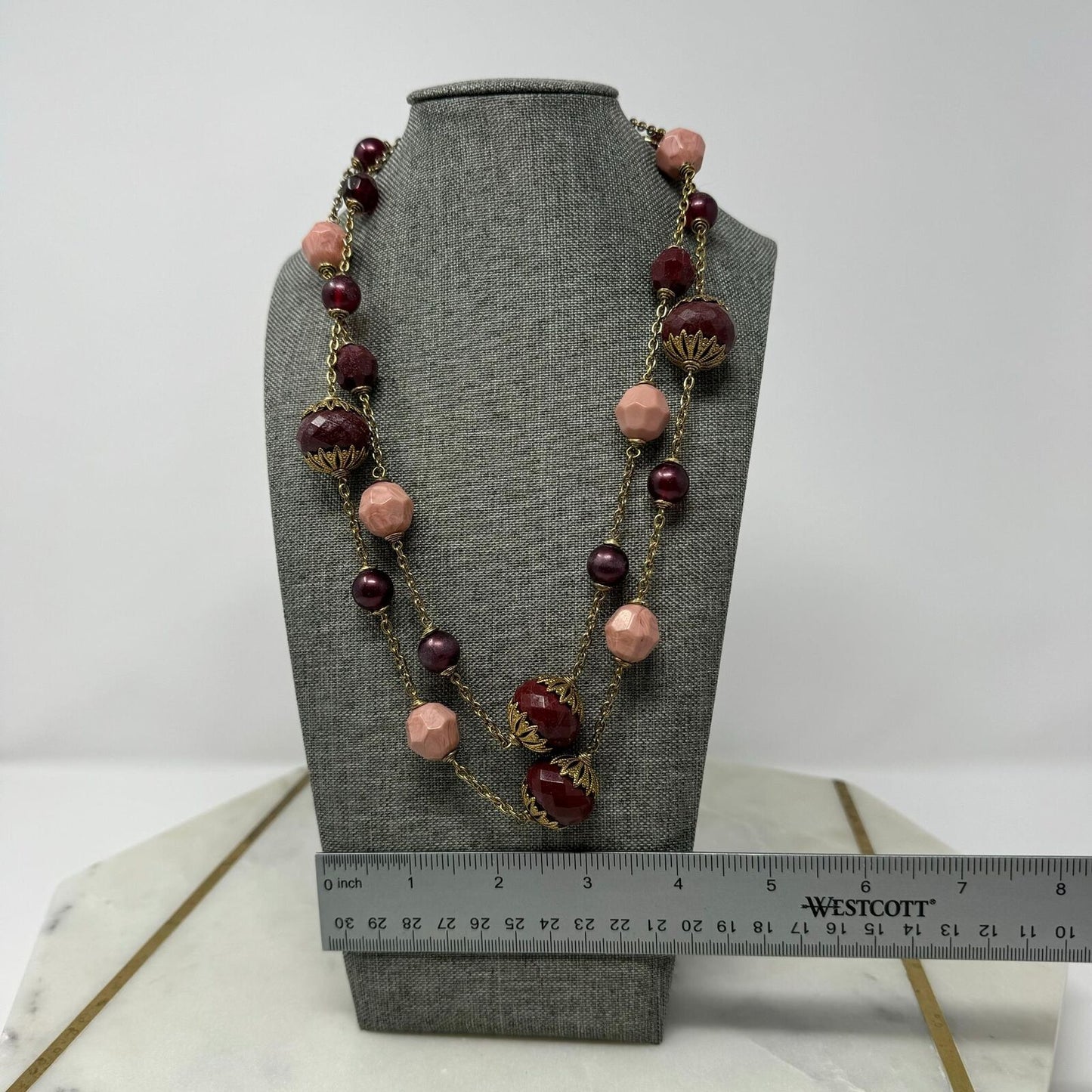 Red Beaded Gold Station Necklace Faceted & Pearl Beads Pink Accent Elegant Chic 22”
