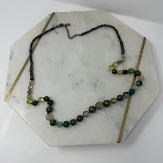 Green Beaded Necklace Small Faceted Earthy Tone Beads Elegant Natural Design 38”