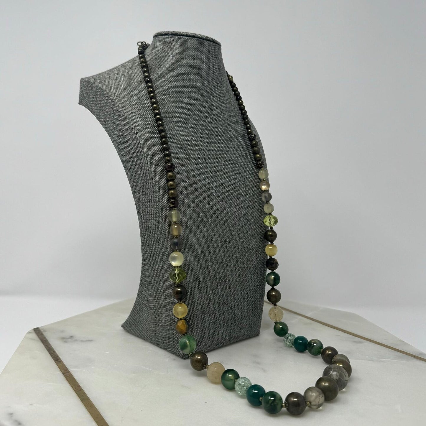 Green Beaded Necklace Small Faceted Earthy Tone Beads Elegant Natural Design 38”