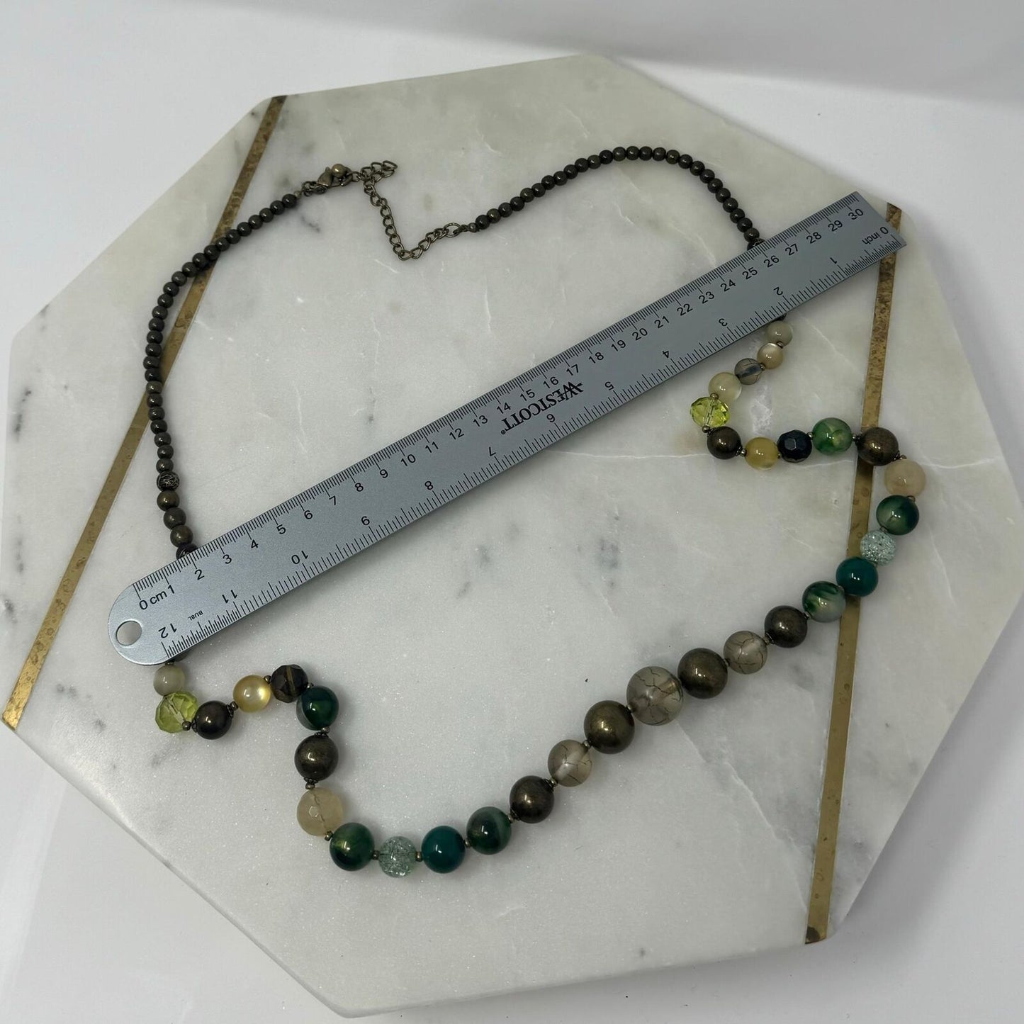 Green Beaded Necklace Small Faceted Earthy Tone Beads Elegant Natural Design 38”