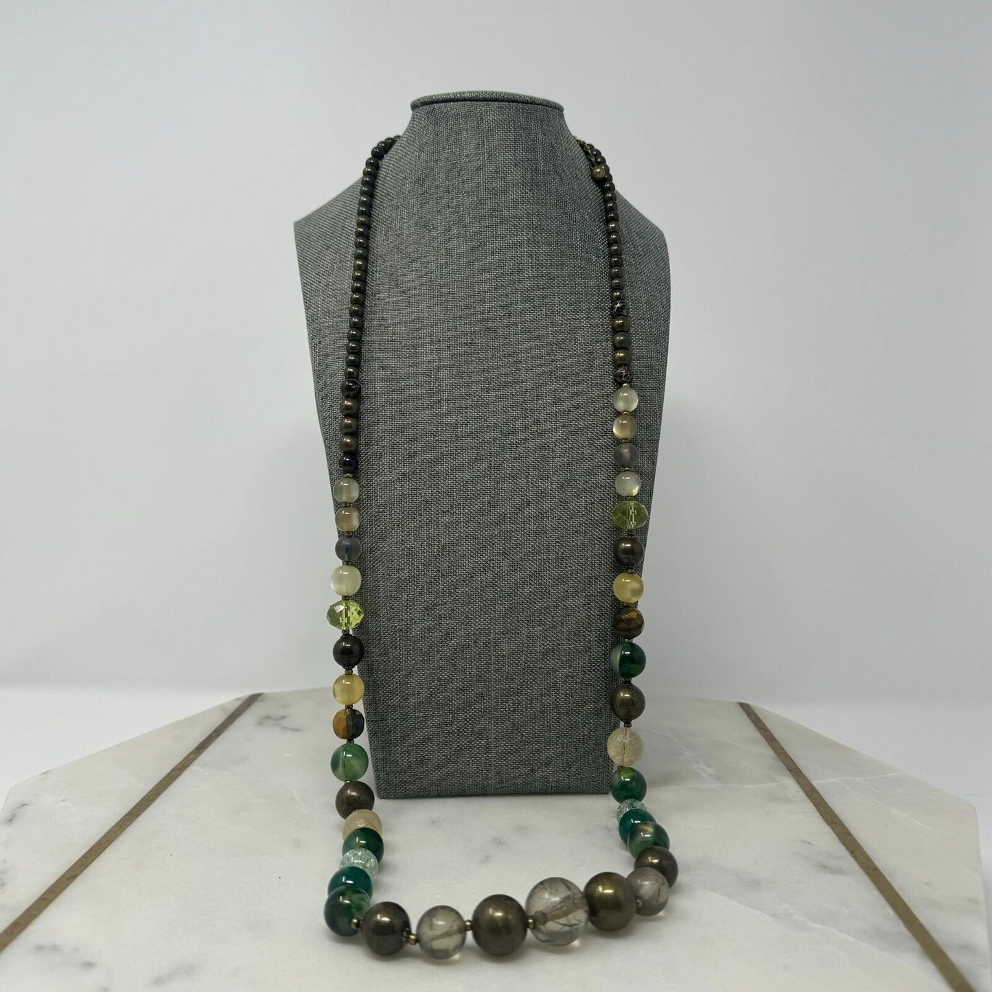 Green Beaded Necklace Small Faceted Earthy Tone Beads Elegant Natural Design 38”