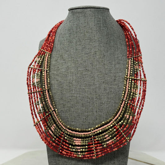 Red Seed Bead Bib Statement Necklace Layered Gold Accent Tribal Royal Boho 20”