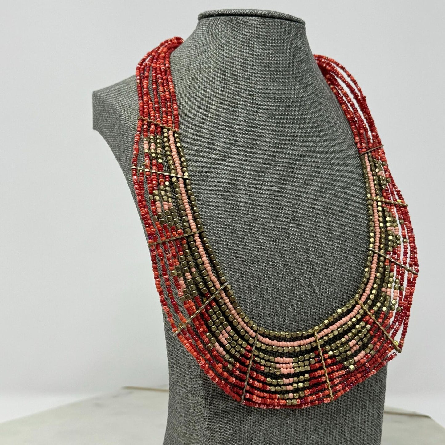 Red Seed Bead Bib Statement Necklace Layered Gold Accent Tribal Royal Boho 20”
