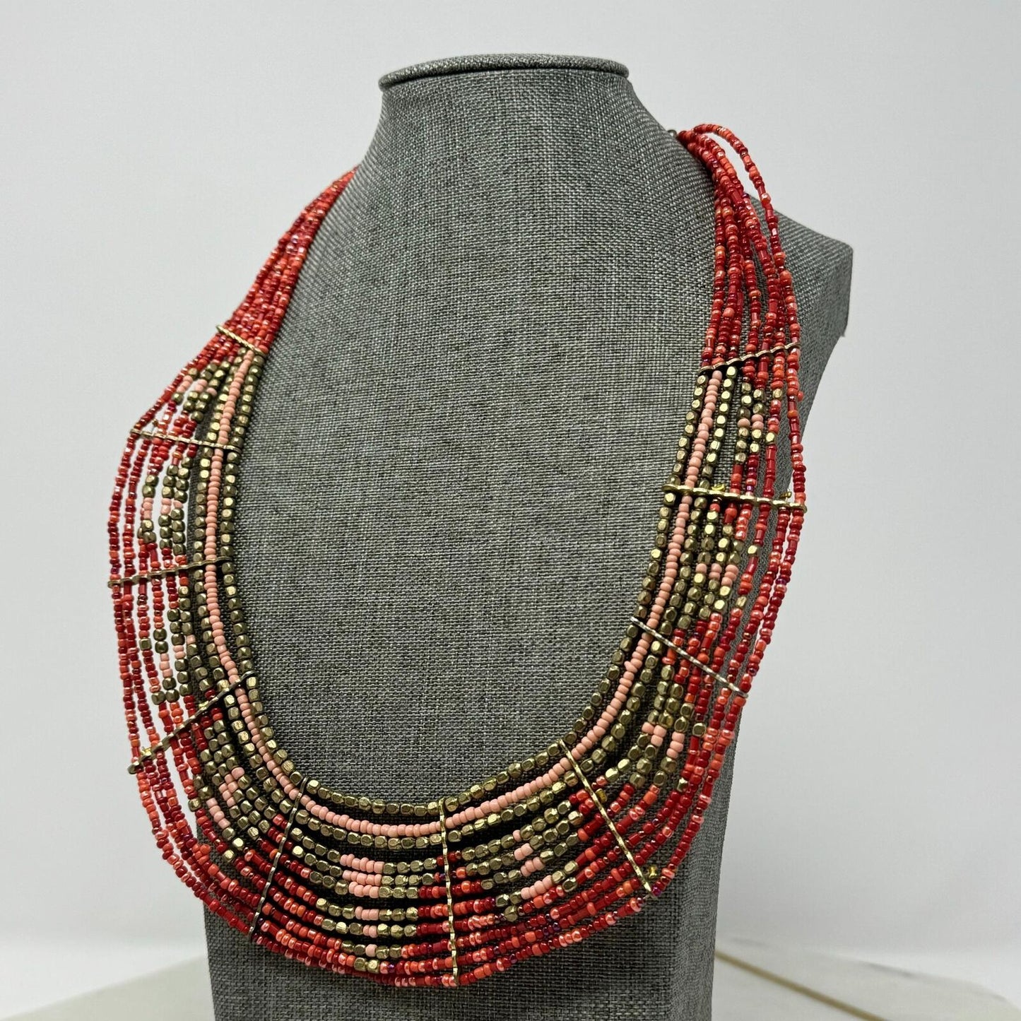 Red Seed Bead Bib Statement Necklace Layered Gold Accent Tribal Royal Boho 20”