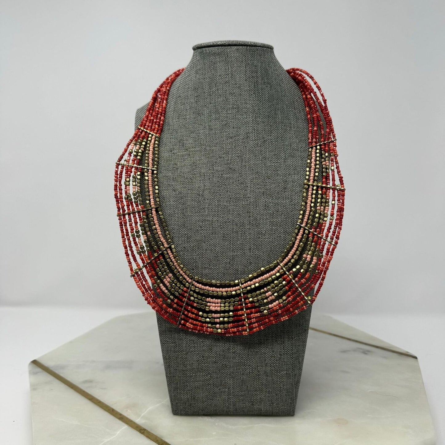 Red Seed Bead Bib Statement Necklace Layered Gold Accent Tribal Royal Boho 20”
