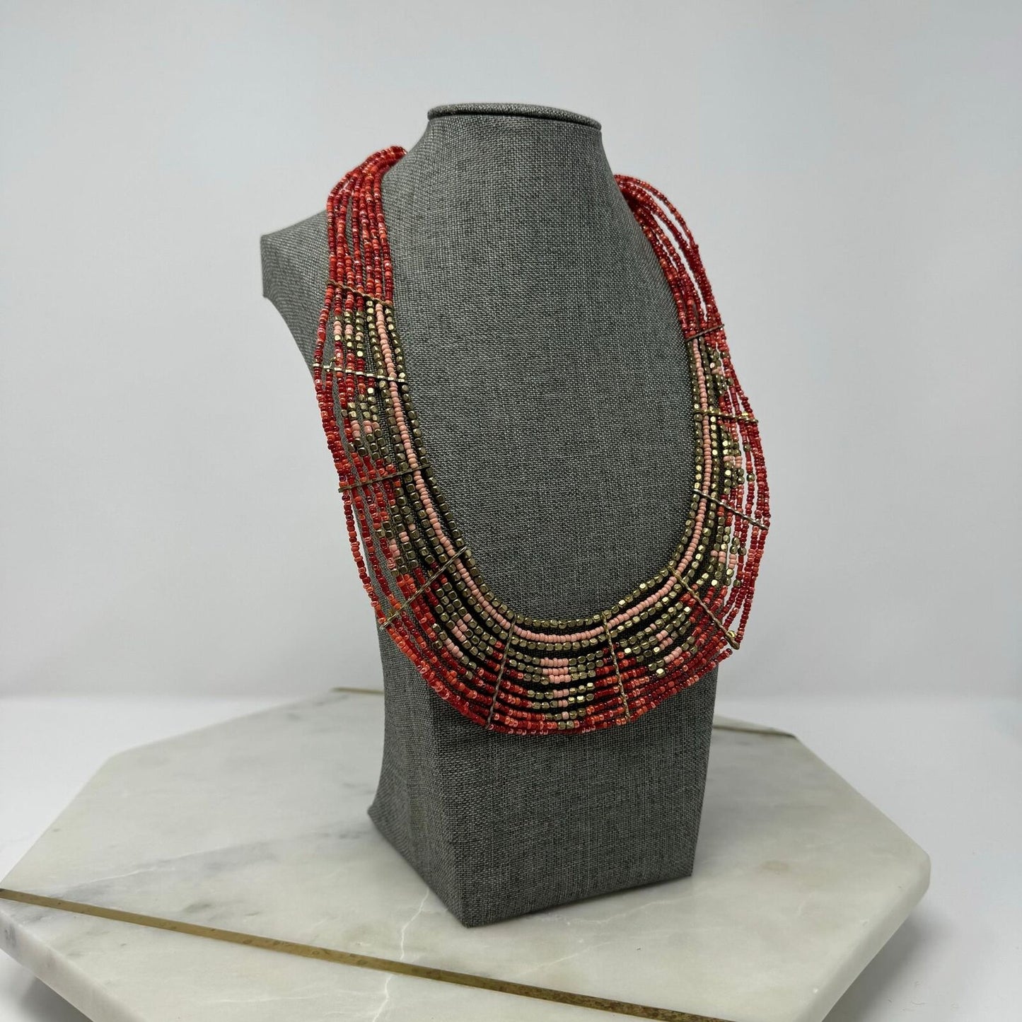 Red Seed Bead Bib Statement Necklace Layered Gold Accent Tribal Royal Boho 20”