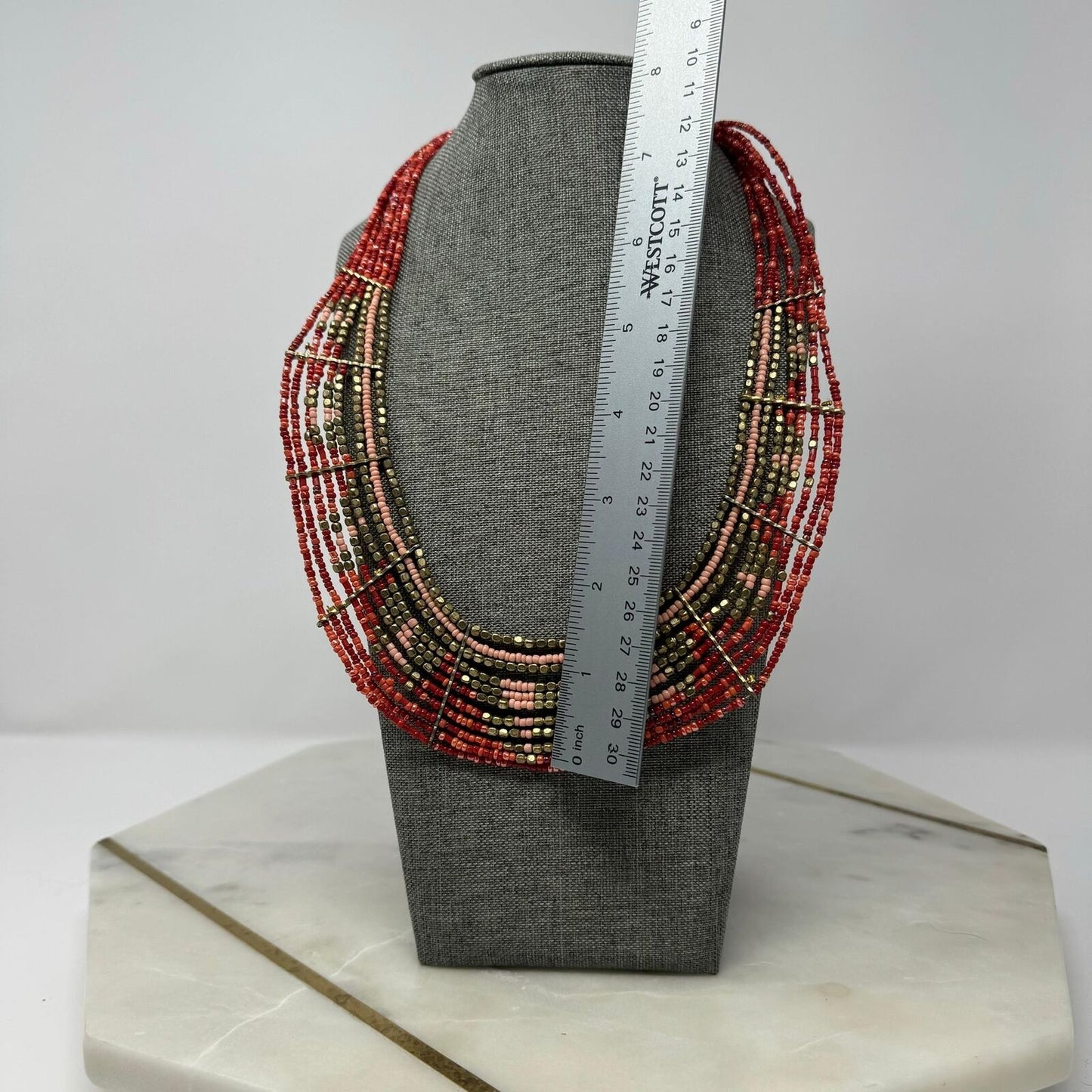 Red Seed Bead Bib Statement Necklace Layered Gold Accent Tribal Royal Boho 20”