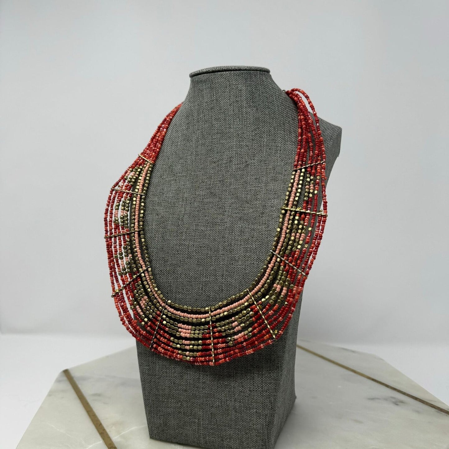 Red Seed Bead Bib Statement Necklace Layered Gold Accent Tribal Royal Boho 20”