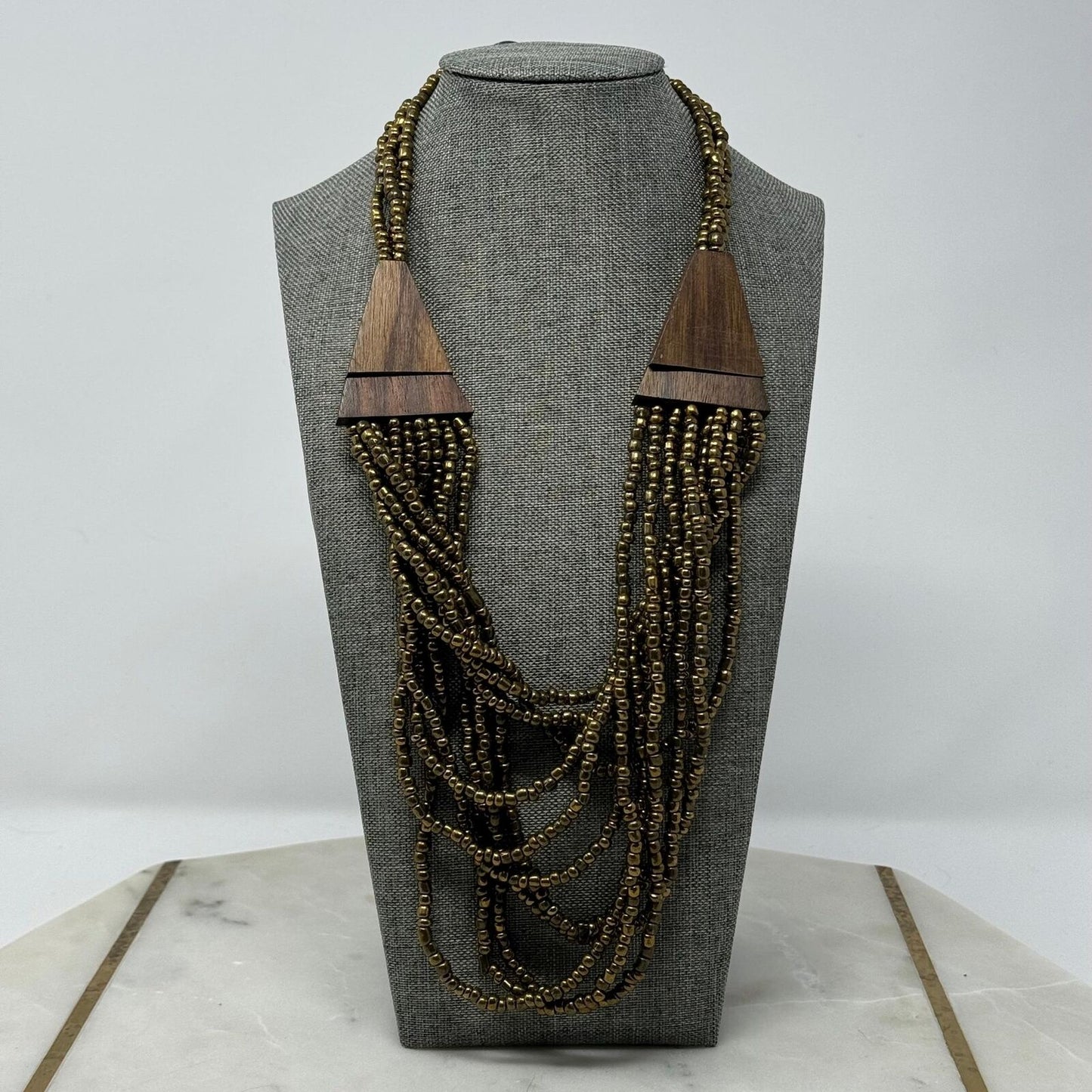 Brown Wood Statement Necklace Layer Bronze Seed Beads Rotating Accent Boho Chic 18”