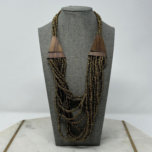 Brown Wood Statement Necklace Layer Bronze Seed Beads Rotating Accent Boho Chic 18”