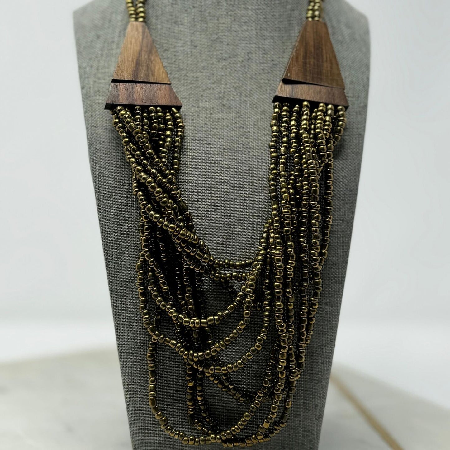 Brown Wood Statement Necklace Layer Bronze Seed Beads Rotating Accent Boho Chic 18”