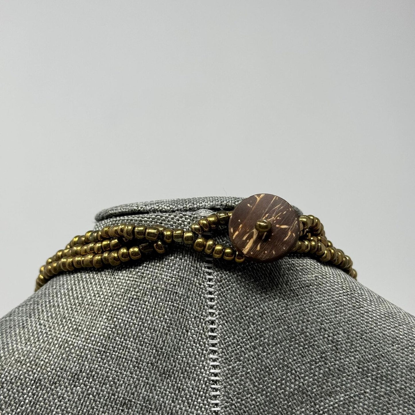 Brown Wood Statement Necklace Layer Bronze Seed Beads Rotating Accent Boho Chic 18”