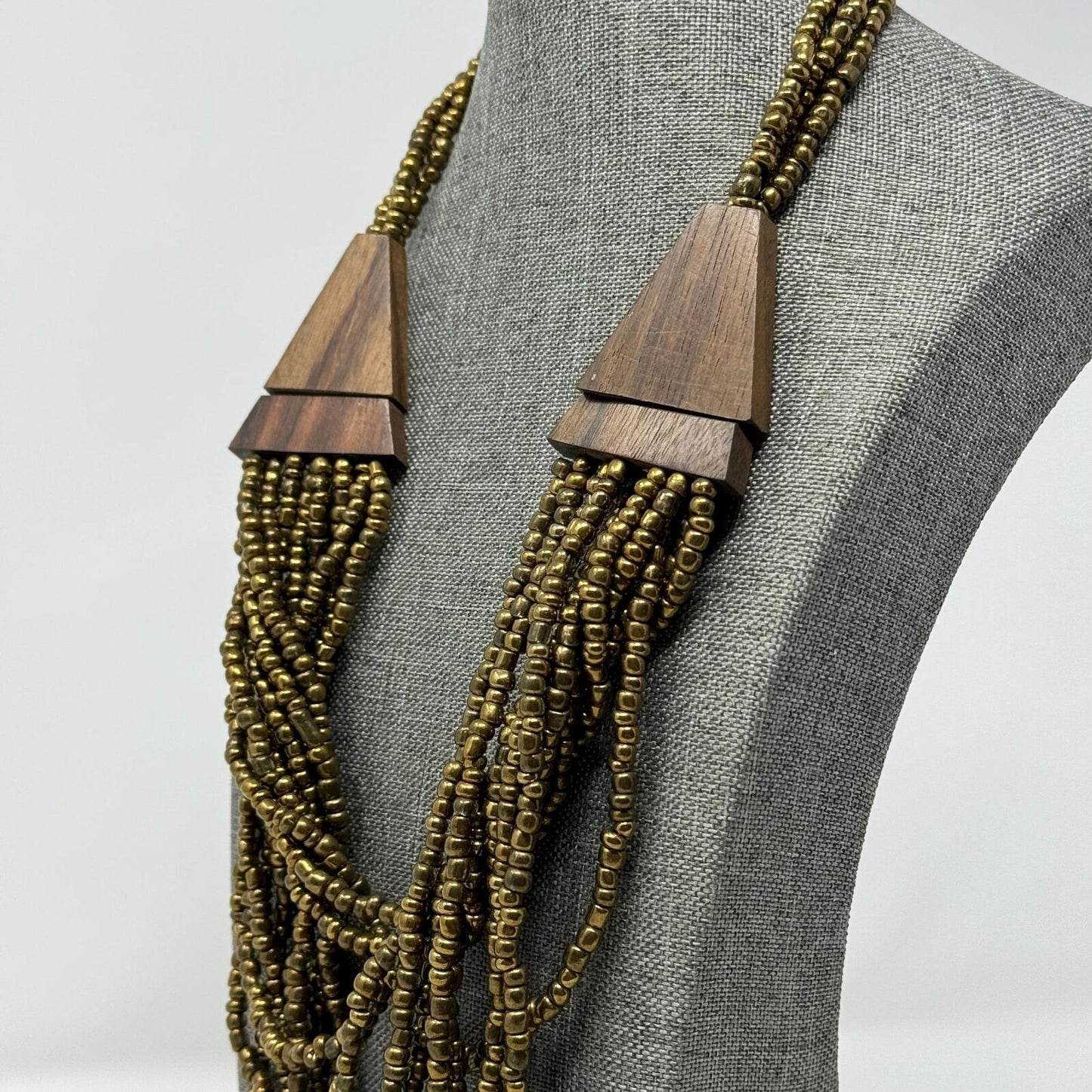 Brown Wood Statement Necklace Layer Bronze Seed Beads Rotating Accent Boho Chic 18”