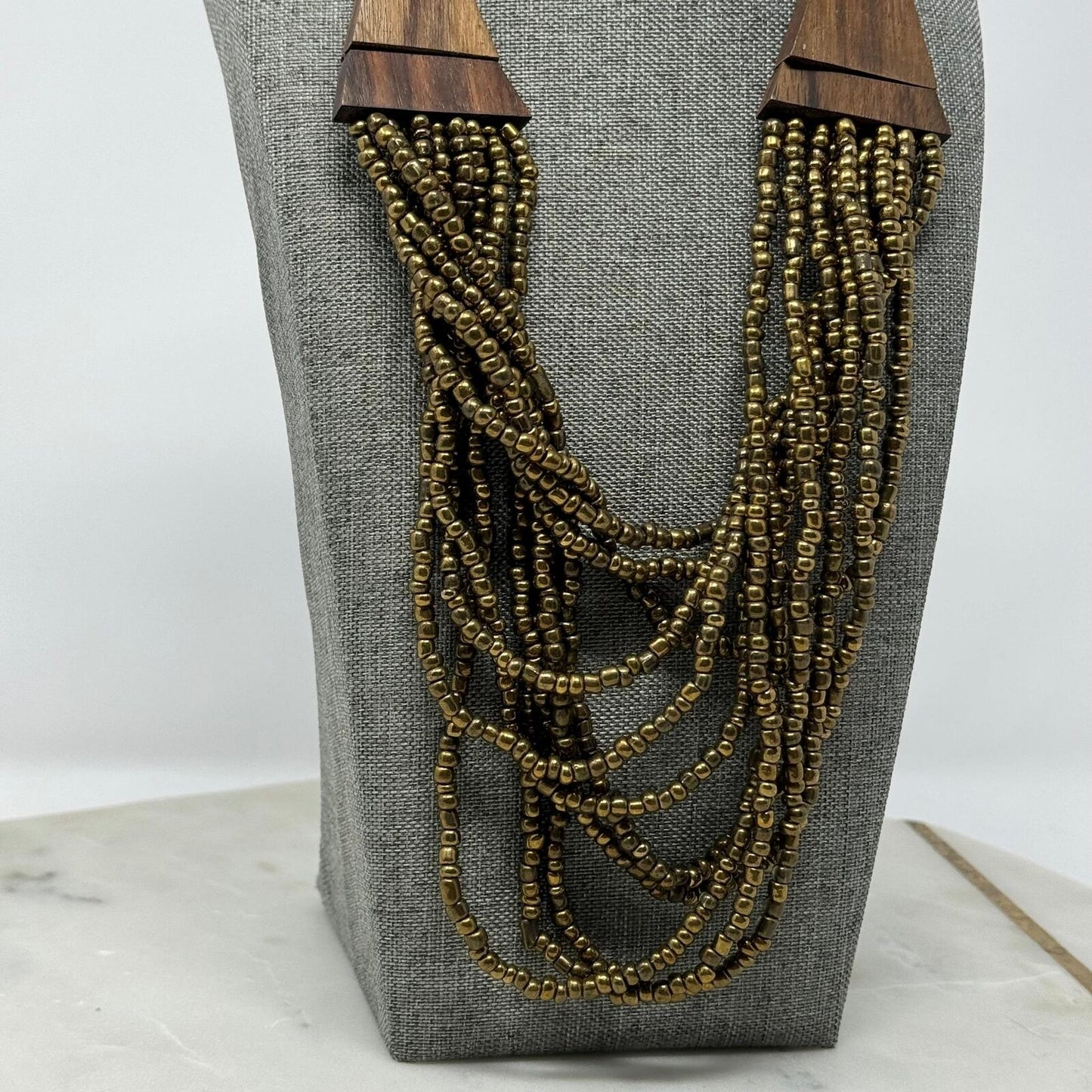 Brown Wood Statement Necklace Layer Bronze Seed Beads Rotating Accent Boho Chic 18”