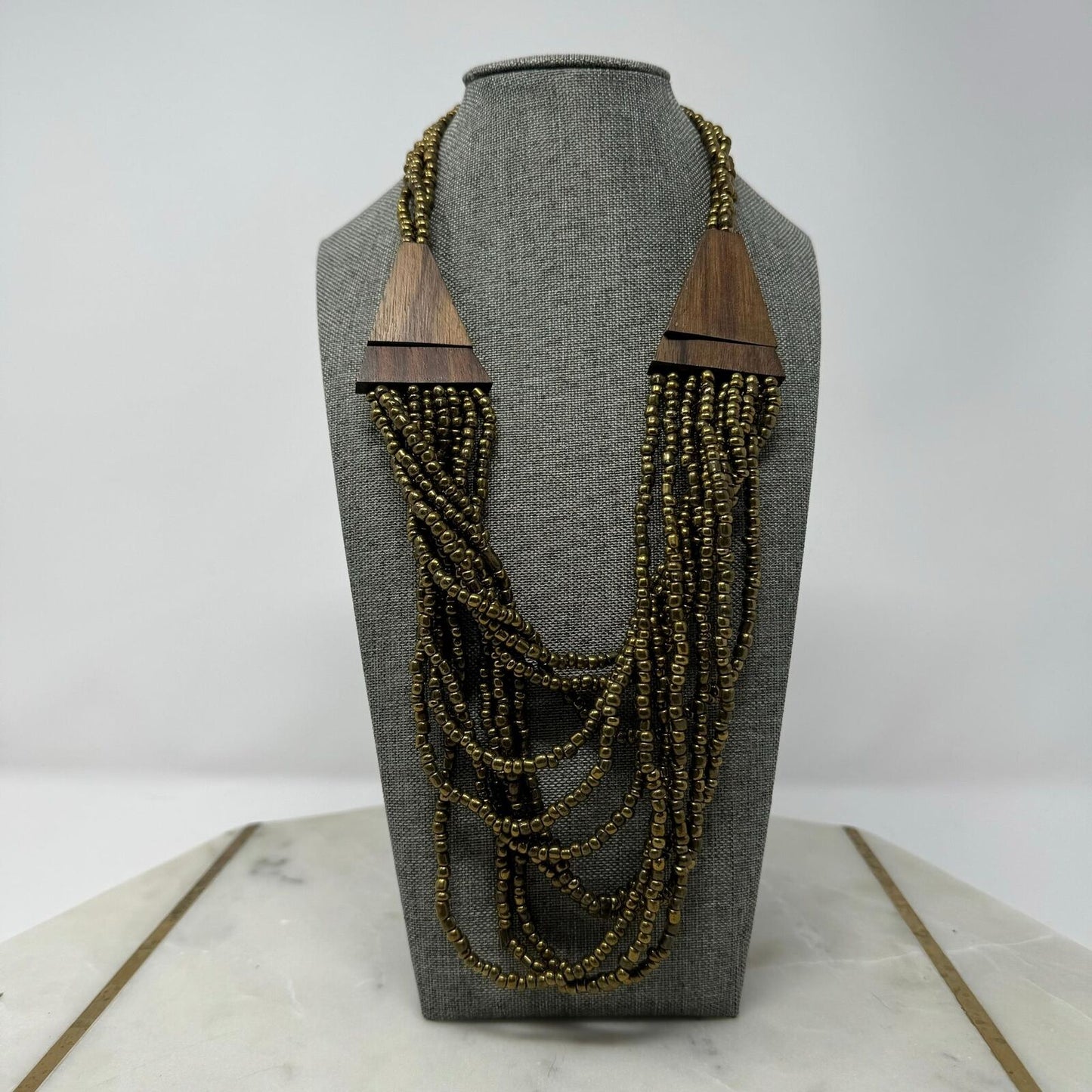 Brown Wood Statement Necklace Layer Bronze Seed Beads Rotating Accent Boho Chic 18”