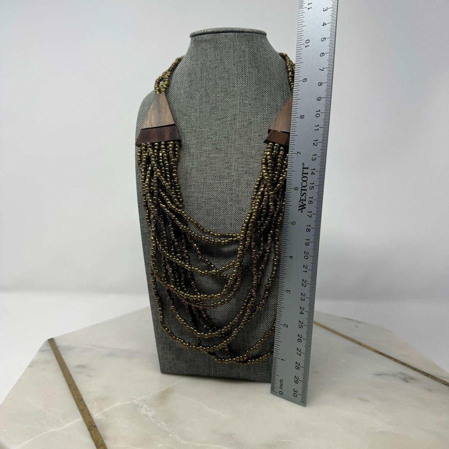 Brown Wood Statement Necklace Layer Bronze Seed Beads Rotating Accent Boho Chic 18”