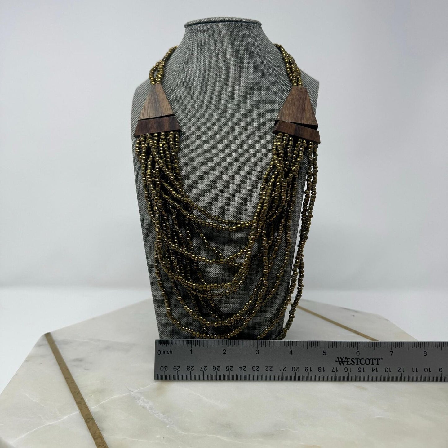 Brown Wood Statement Necklace Layer Bronze Seed Beads Rotating Accent Boho Chic 18”