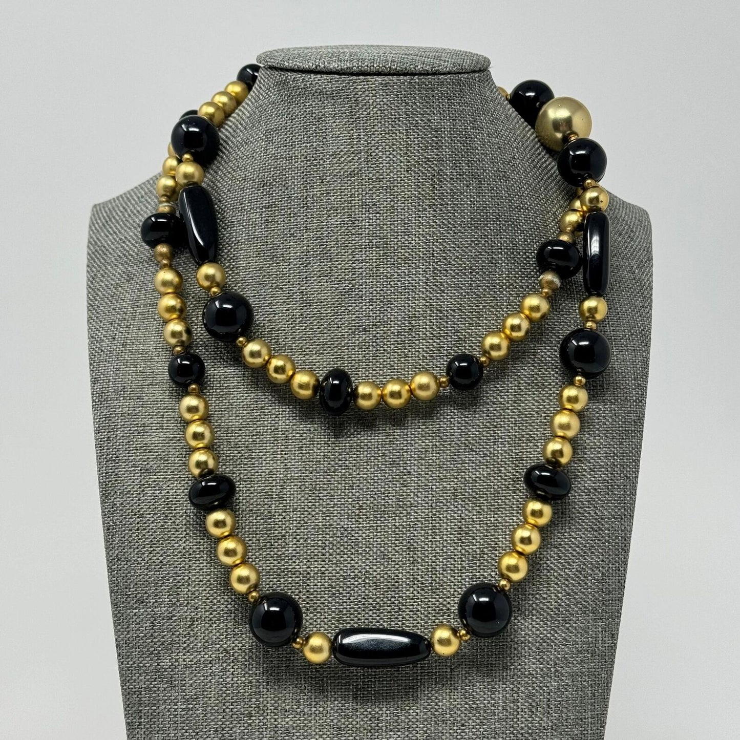 Black & Gold Beaded Statement Necklace Elegant Minimal Timeless Chic Glass 32”