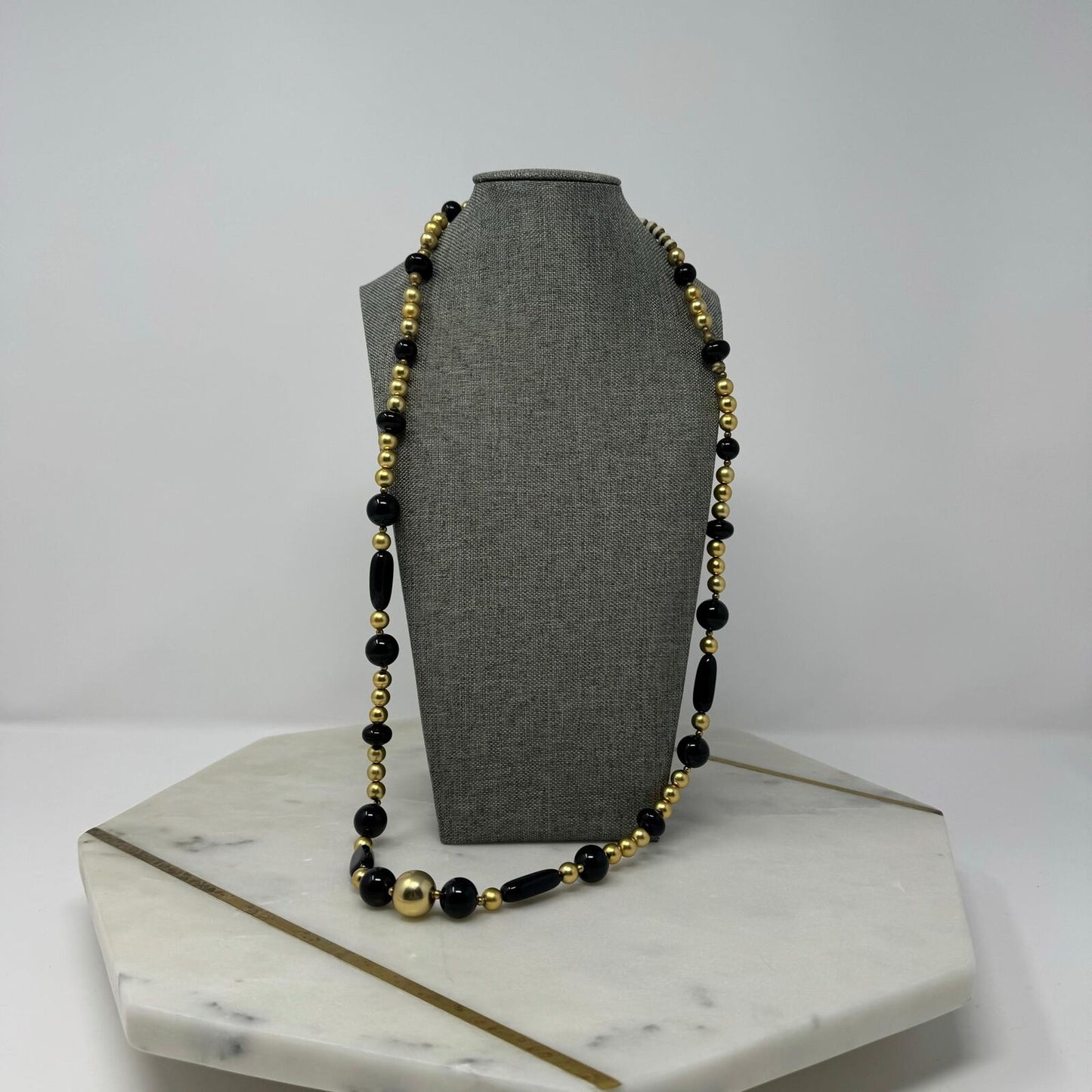 Black & Gold Beaded Statement Necklace Elegant Minimal Timeless Chic Glass 32”