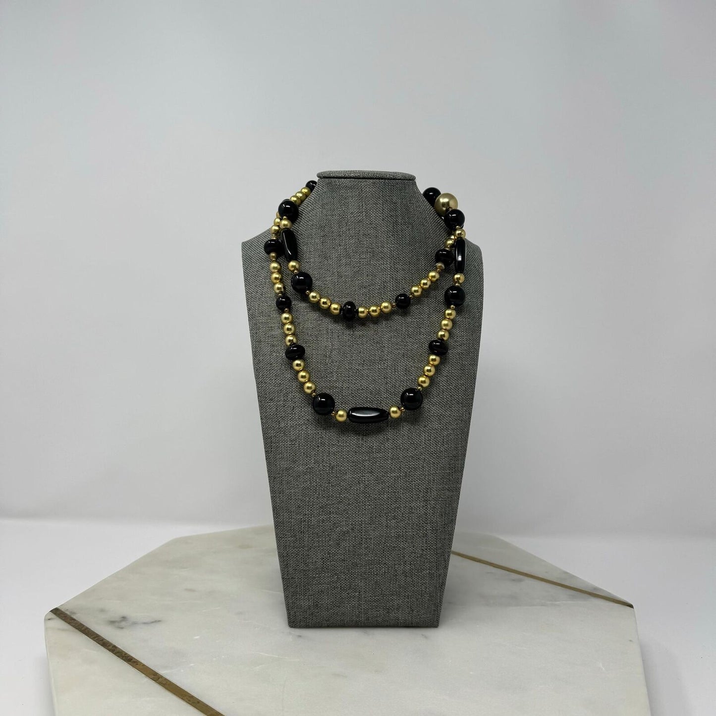 Black & Gold Beaded Statement Necklace Elegant Minimal Timeless Chic Glass 32”