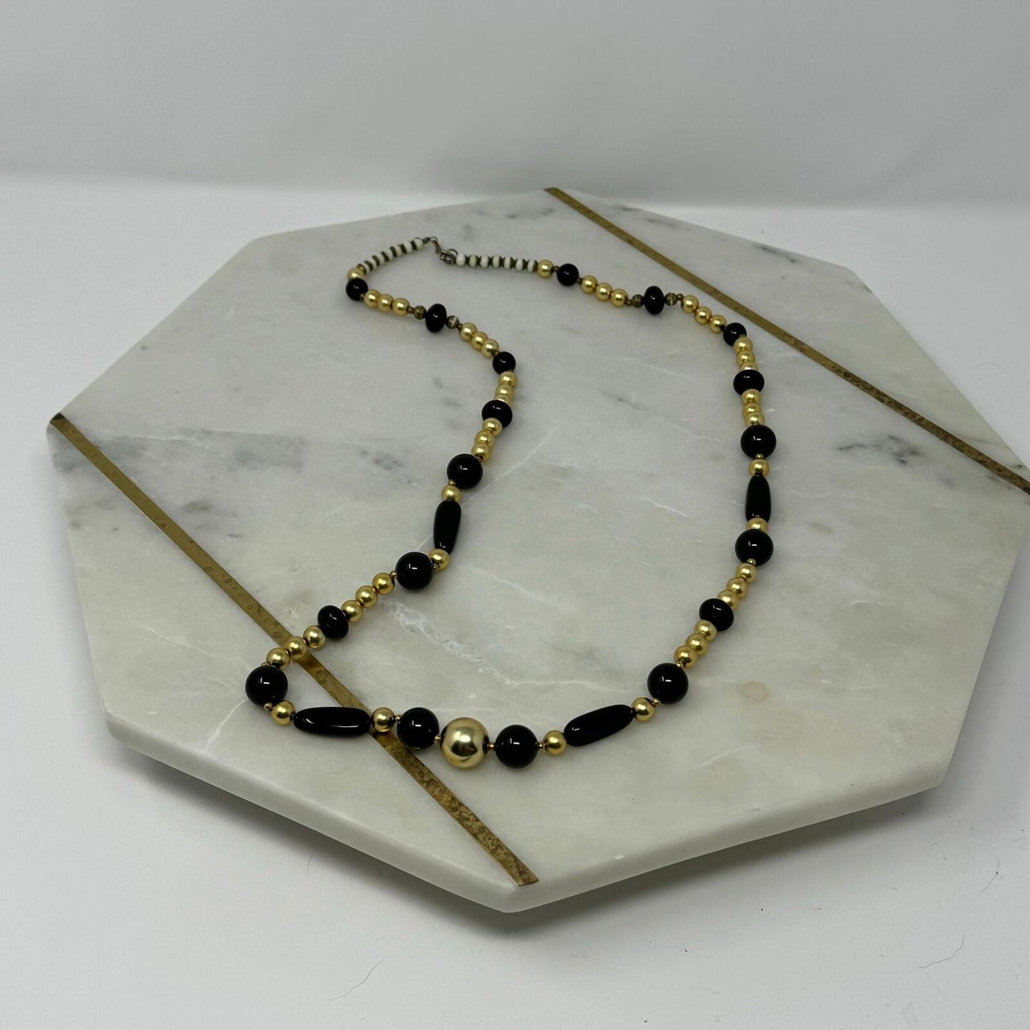 Black & Gold Beaded Statement Necklace Elegant Minimal Timeless Chic Glass 32”