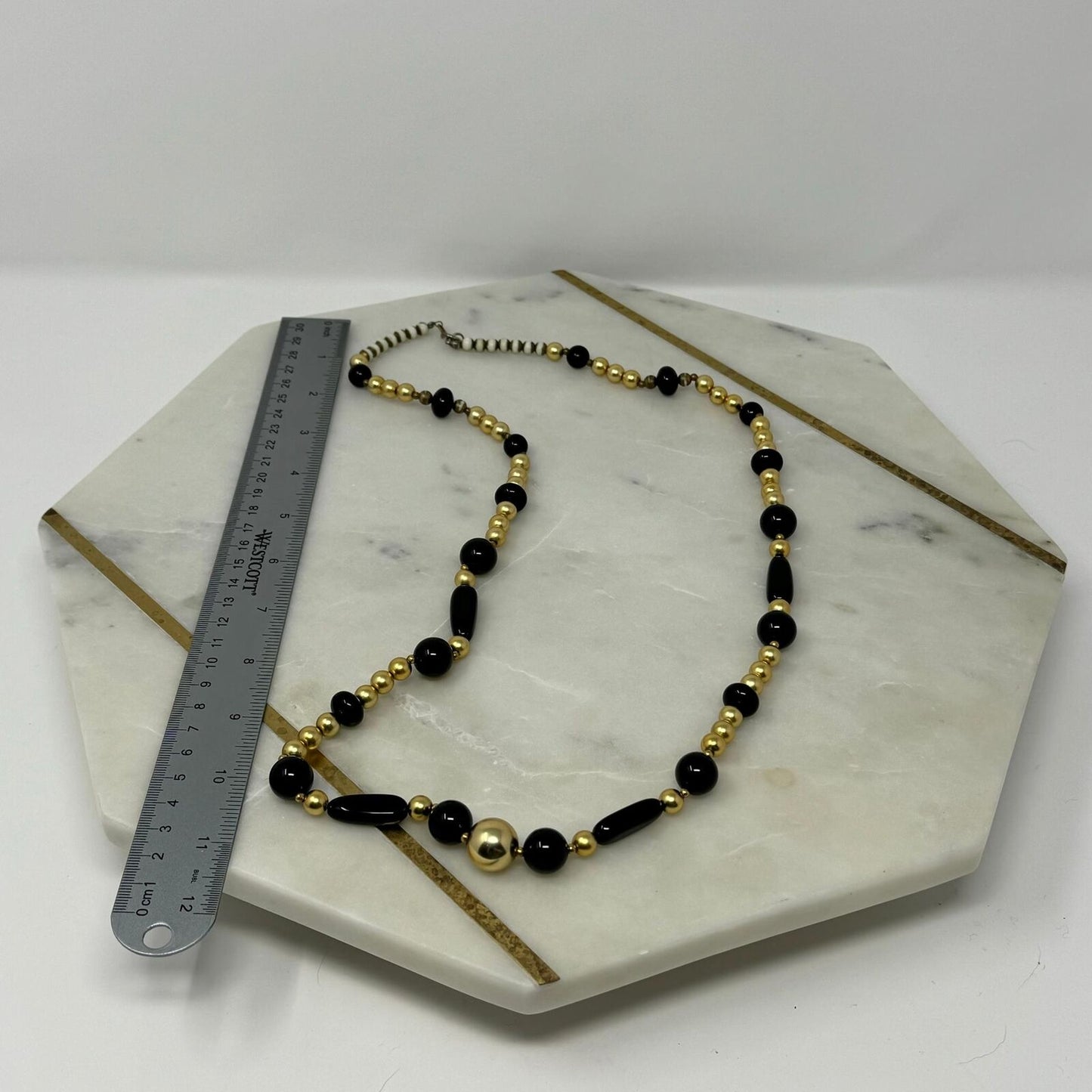 Black & Gold Beaded Statement Necklace Elegant Minimal Timeless Chic Glass 32”