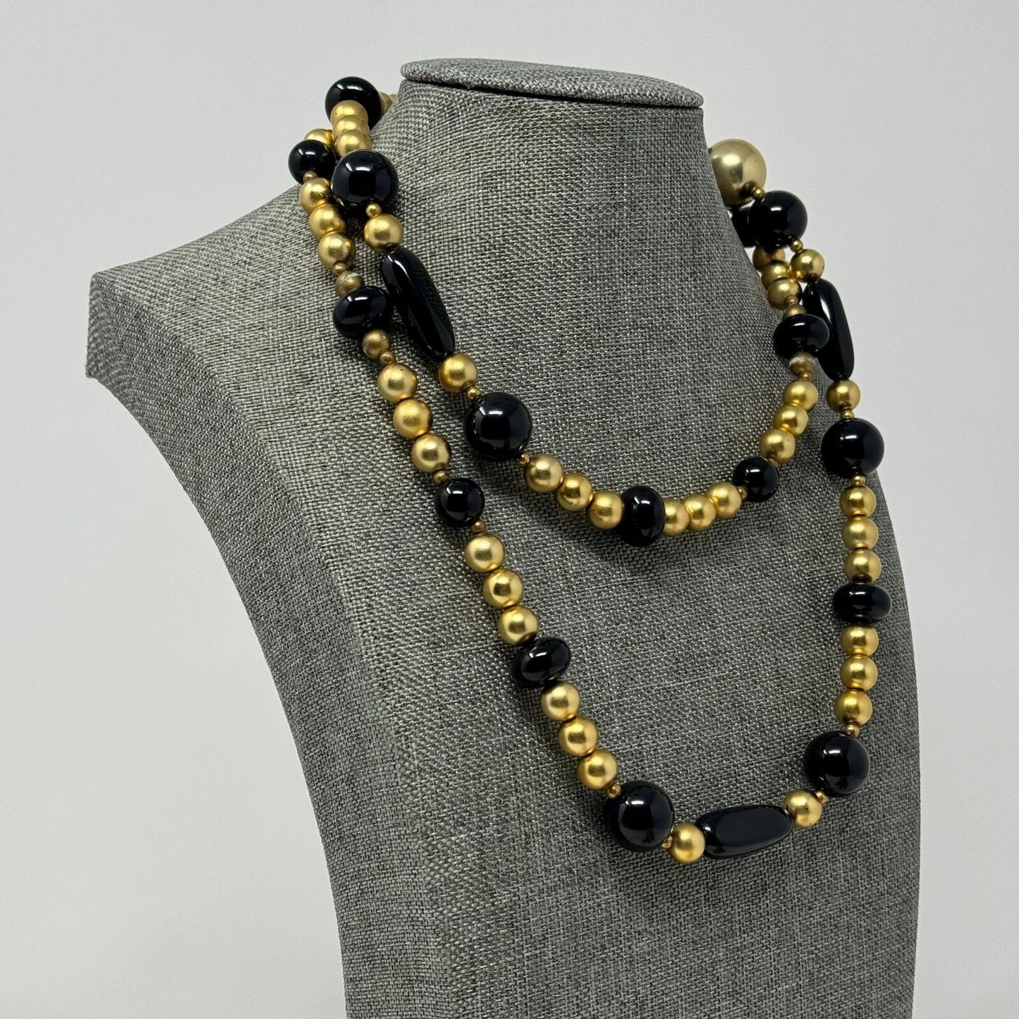 Black & Gold Beaded Statement Necklace Elegant Minimal Timeless Chic Glass 32”