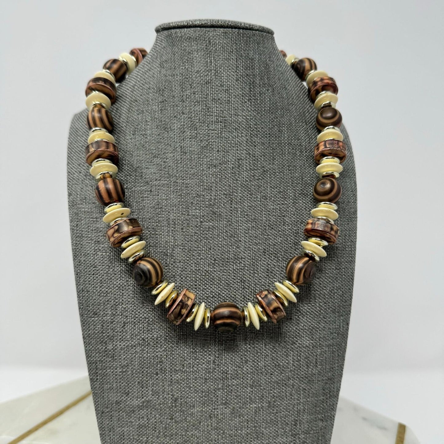 Brown Beaded Necklace Rustic Earthy Design Ivory Disc Accent Natural Boho Tribal 16”