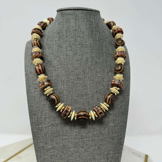 Brown Beaded Necklace Rustic Earthy Design Ivory Disc Accent Natural Boho Tribal 16”