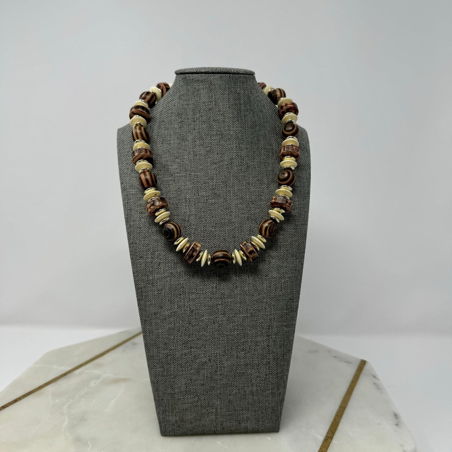 Brown Beaded Necklace Rustic Earthy Design Ivory Disc Accent Natural Boho Tribal 16”