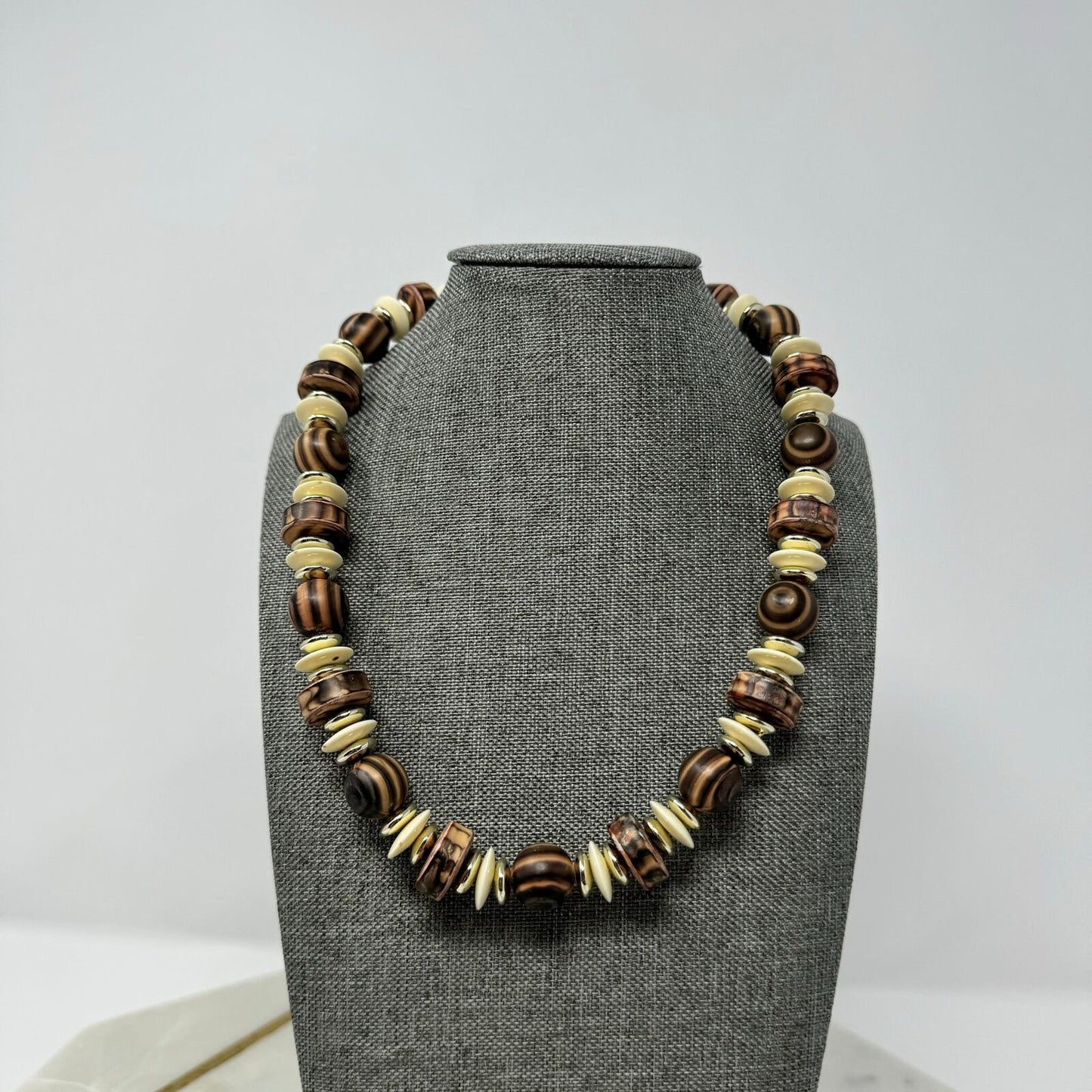 Brown Beaded Necklace Rustic Earthy Design Ivory Disc Accent Natural Boho Tribal 16”