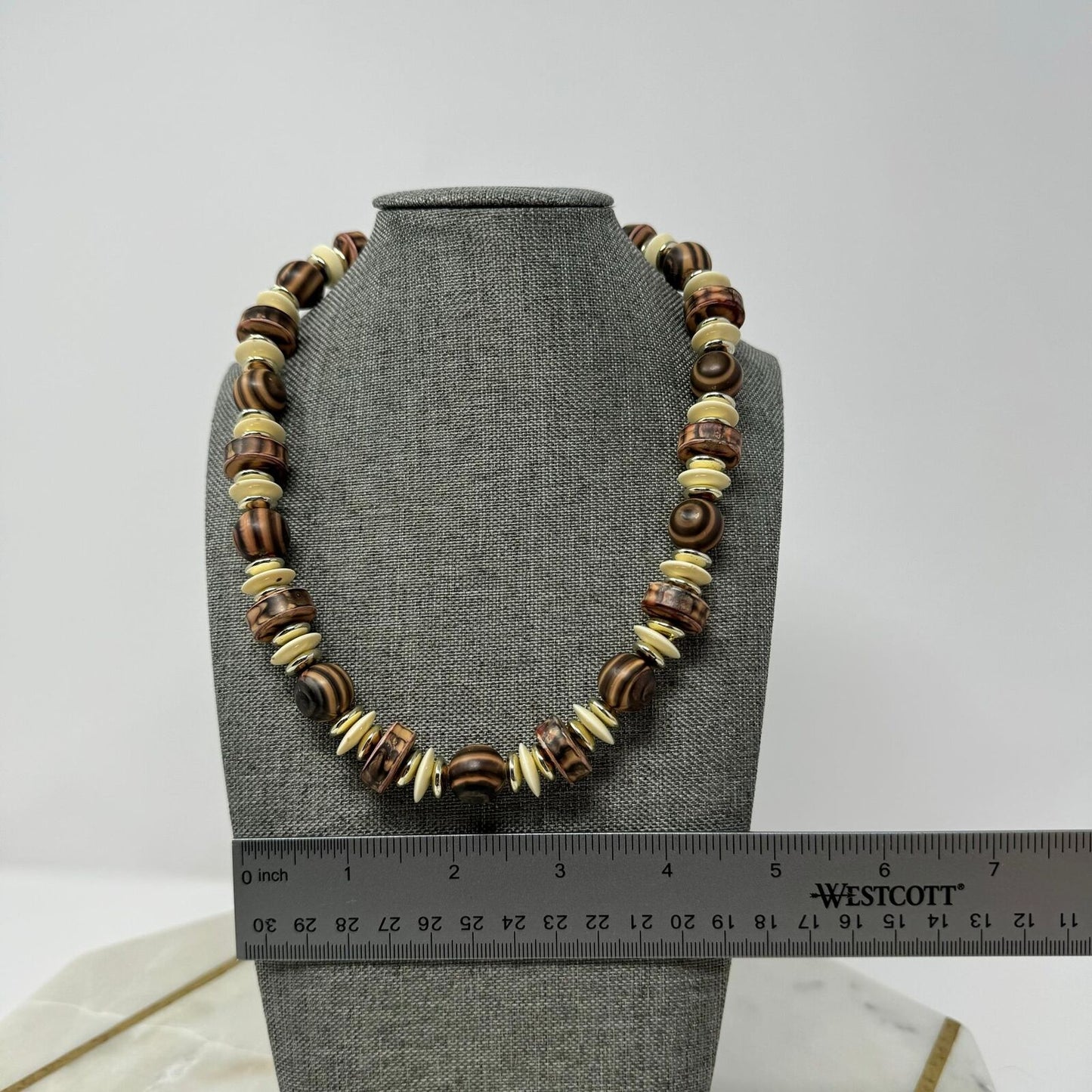 Brown Beaded Necklace Rustic Earthy Design Ivory Disc Accent Natural Boho Tribal 16”