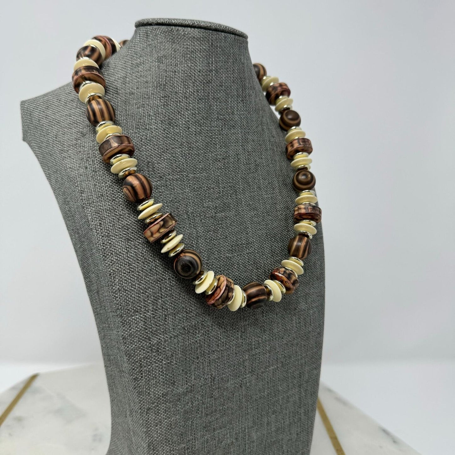 Brown Beaded Necklace Rustic Earthy Design Ivory Disc Accent Natural Boho Tribal 16”