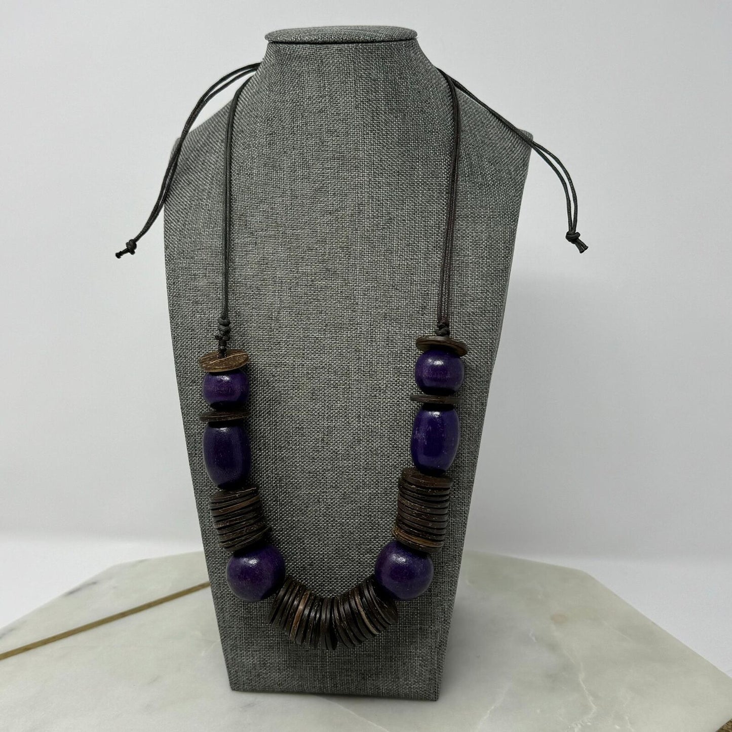 Wood Purple Beaded Statement Necklace Bold Boho Tribal Natural Disc Accent Beads 32”