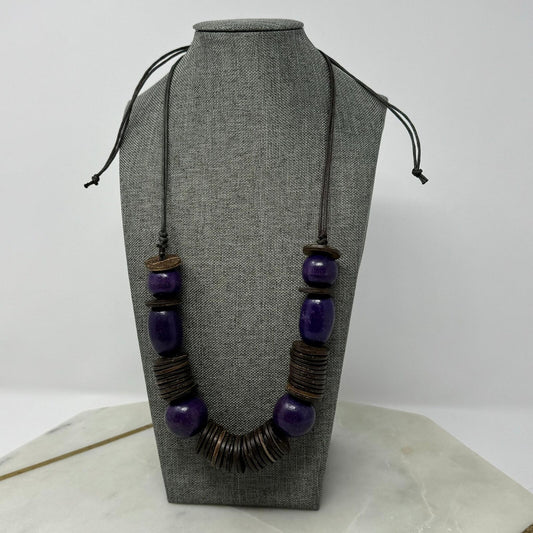 Wood Purple Beaded Statement Necklace Bold Boho Tribal Natural Disc Accent Beads 32”