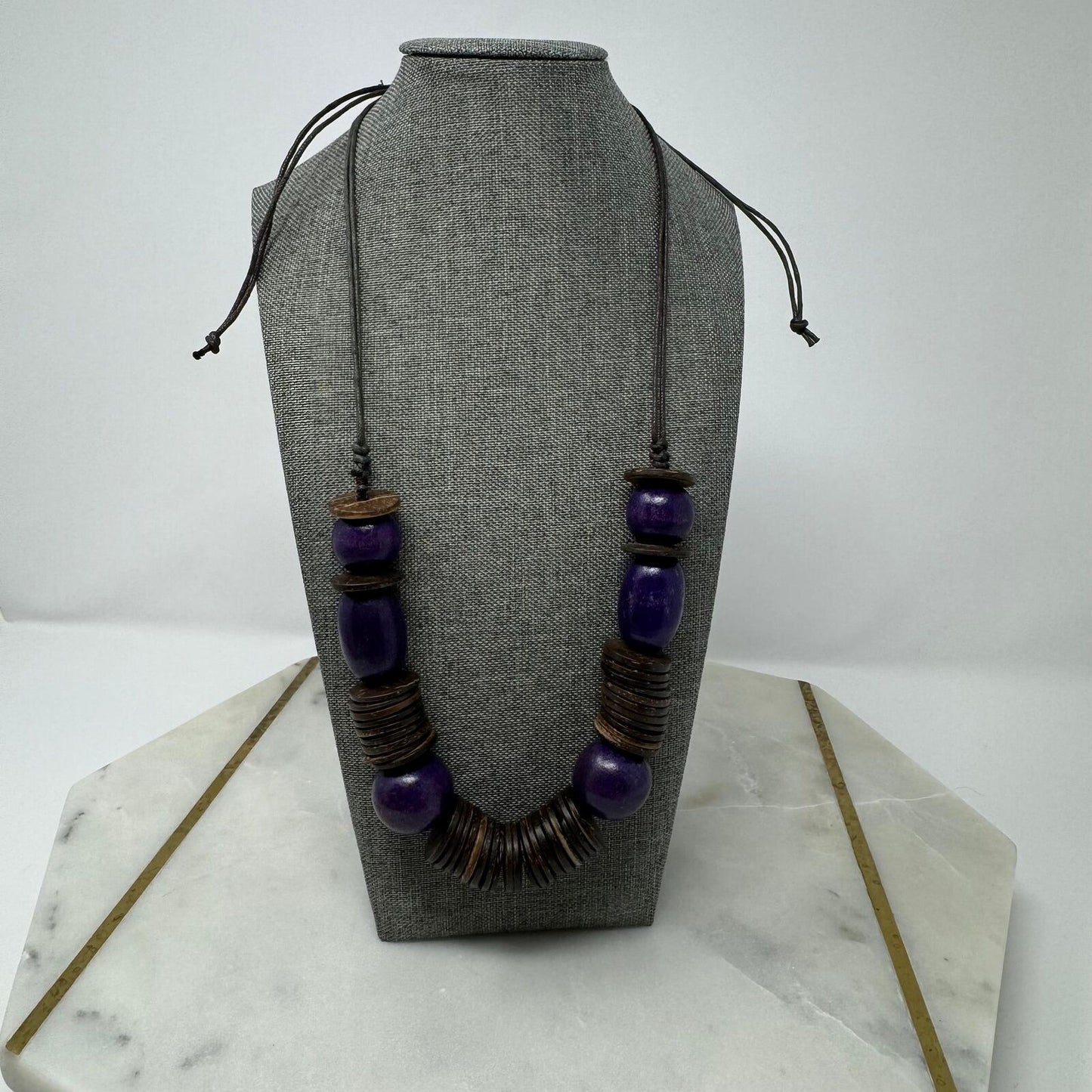 Wood Purple Beaded Statement Necklace Bold Boho Tribal Natural Disc Accent Beads 32”