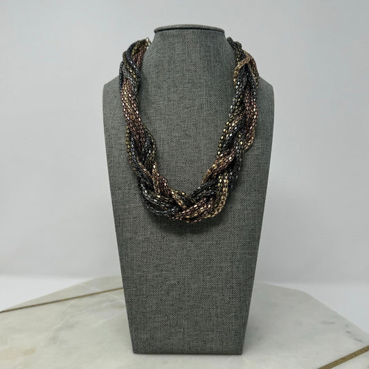 Metallic Layered Braid Chain Statement Necklace Bold Textured Copper Gold 18”