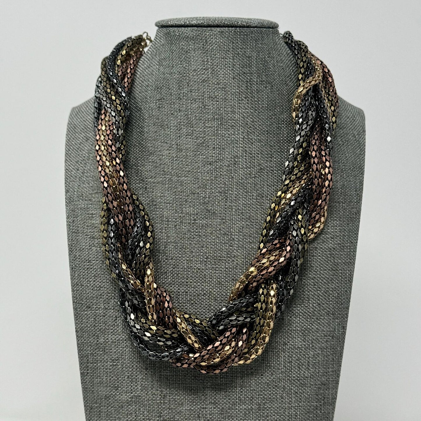 Metallic Layered Braid Chain Statement Necklace Bold Textured Copper Gold 18”