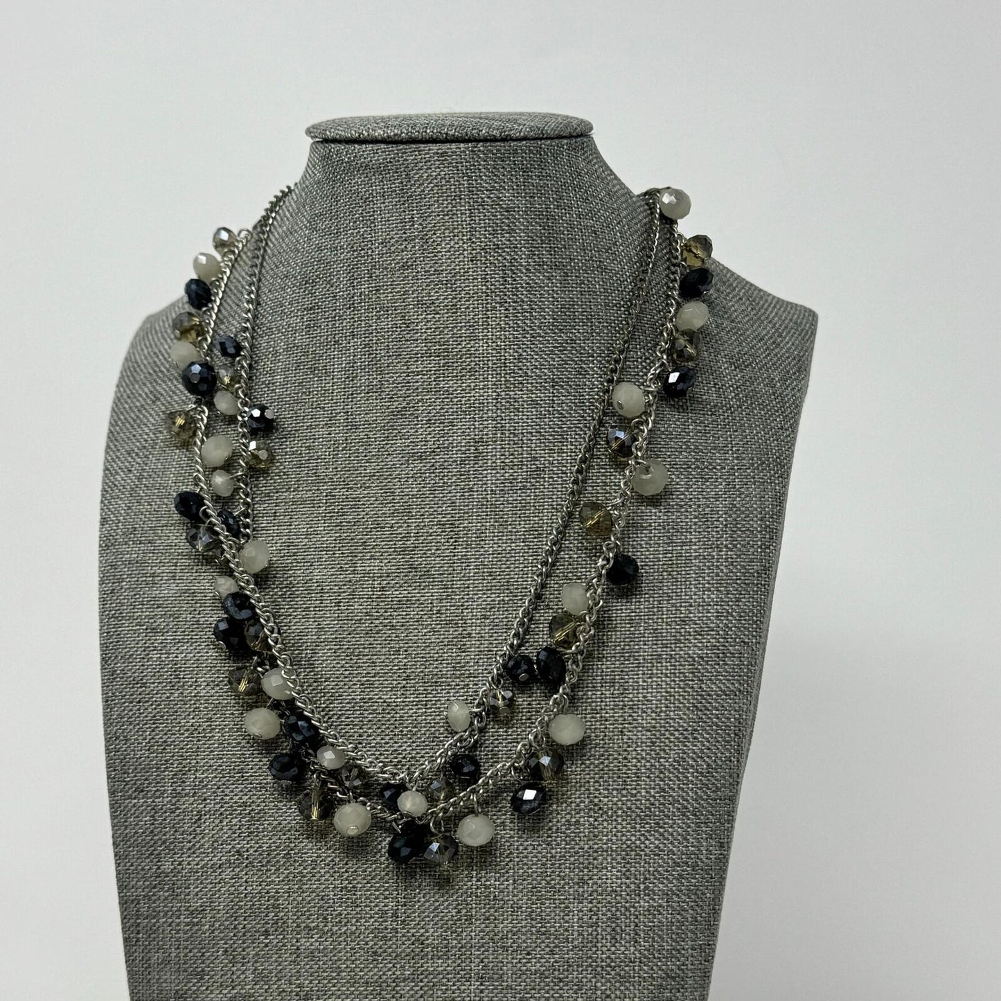 Loft Beaded Chain Necklace Shimmer Sparkle Black White Elegant Accent Chic 32”