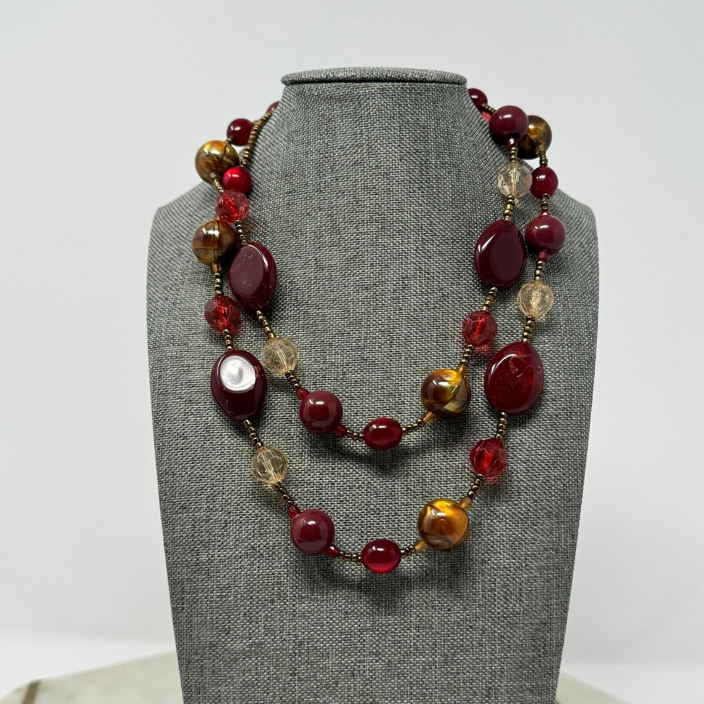 Deep Red Beaded Station Necklace Shimmer Gold Accent Layer Statement 32”