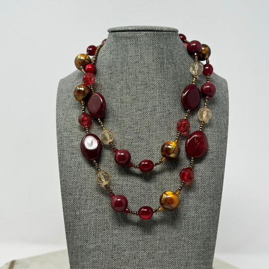 Deep Red Beaded Station Necklace Shimmer Gold Accent Layer Statement 32”