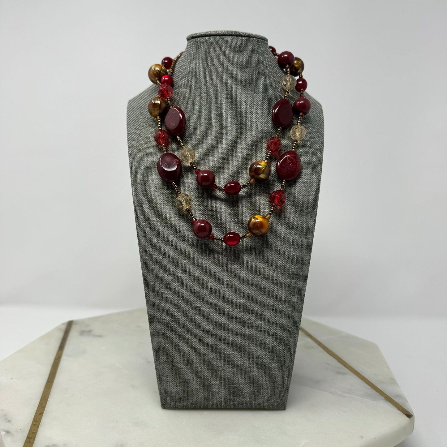 Deep Red Beaded Station Necklace Shimmer Gold Accent Layer Statement 32”