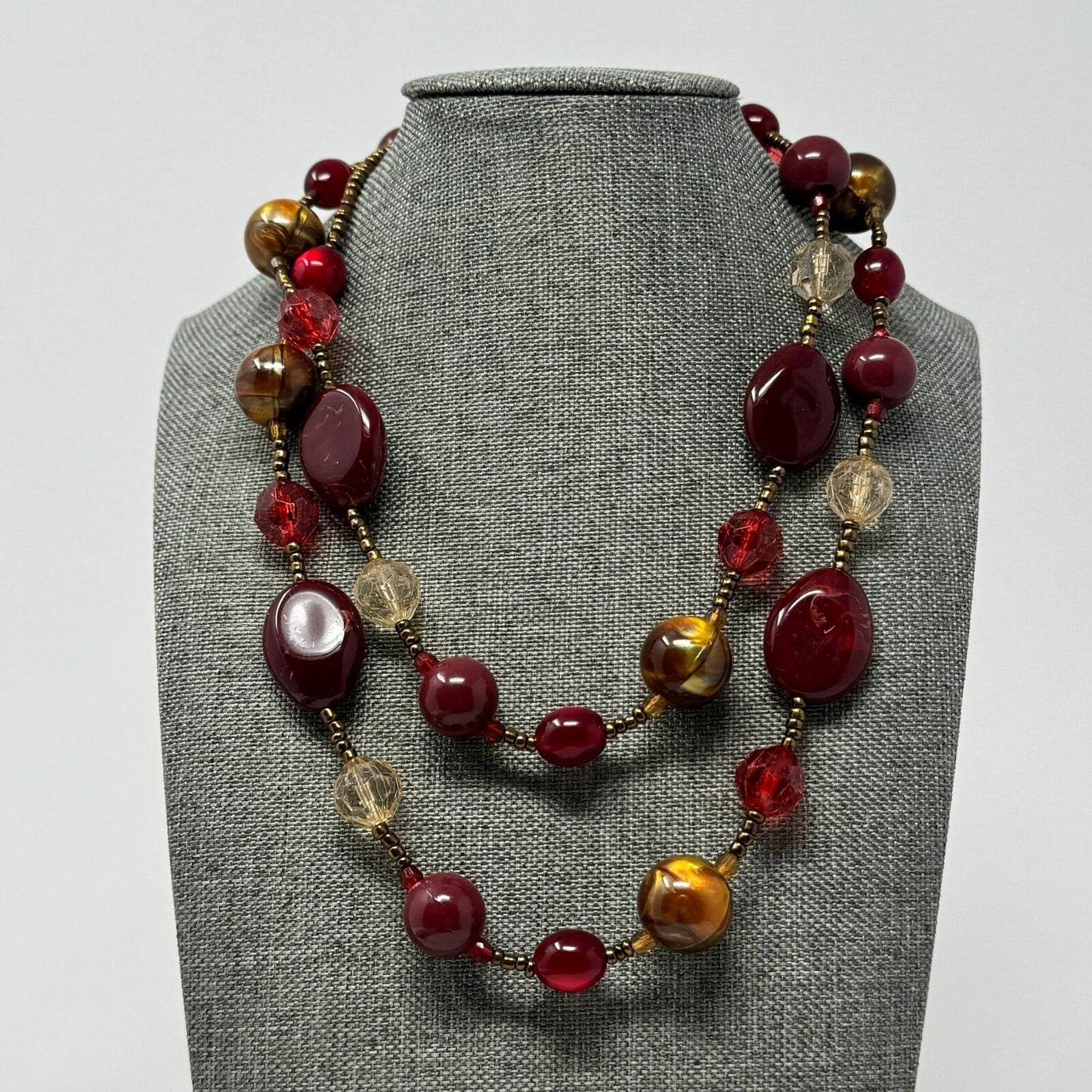 Deep Red Beaded Station Necklace Shimmer Gold Accent Layer Statement 32”