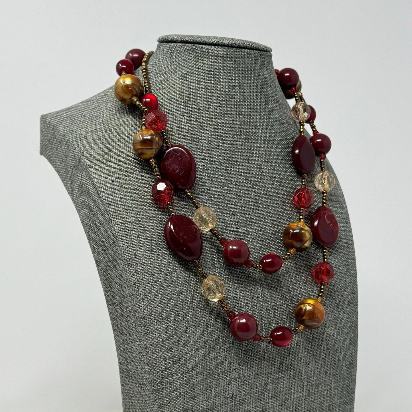 Deep Red Beaded Station Necklace Shimmer Gold Accent Layer Statement 32”