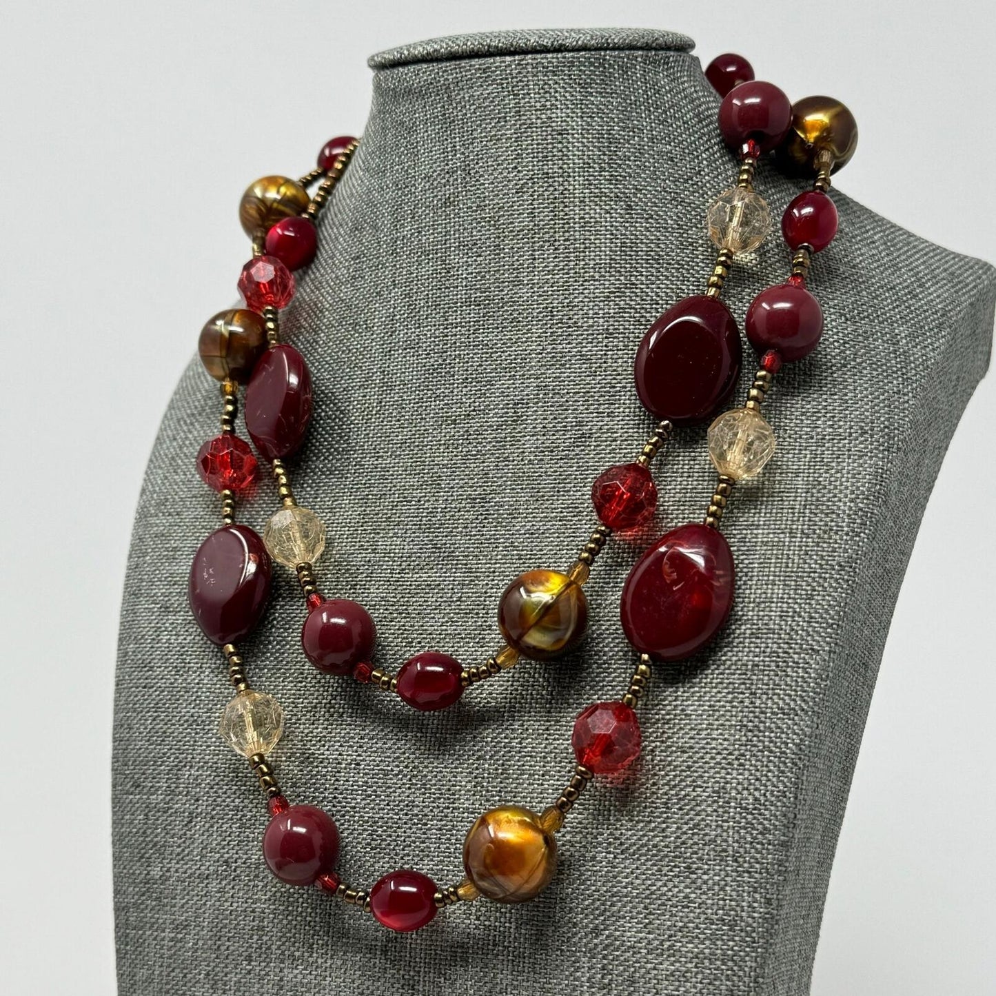 Deep Red Beaded Station Necklace Shimmer Gold Accent Layer Statement 32”