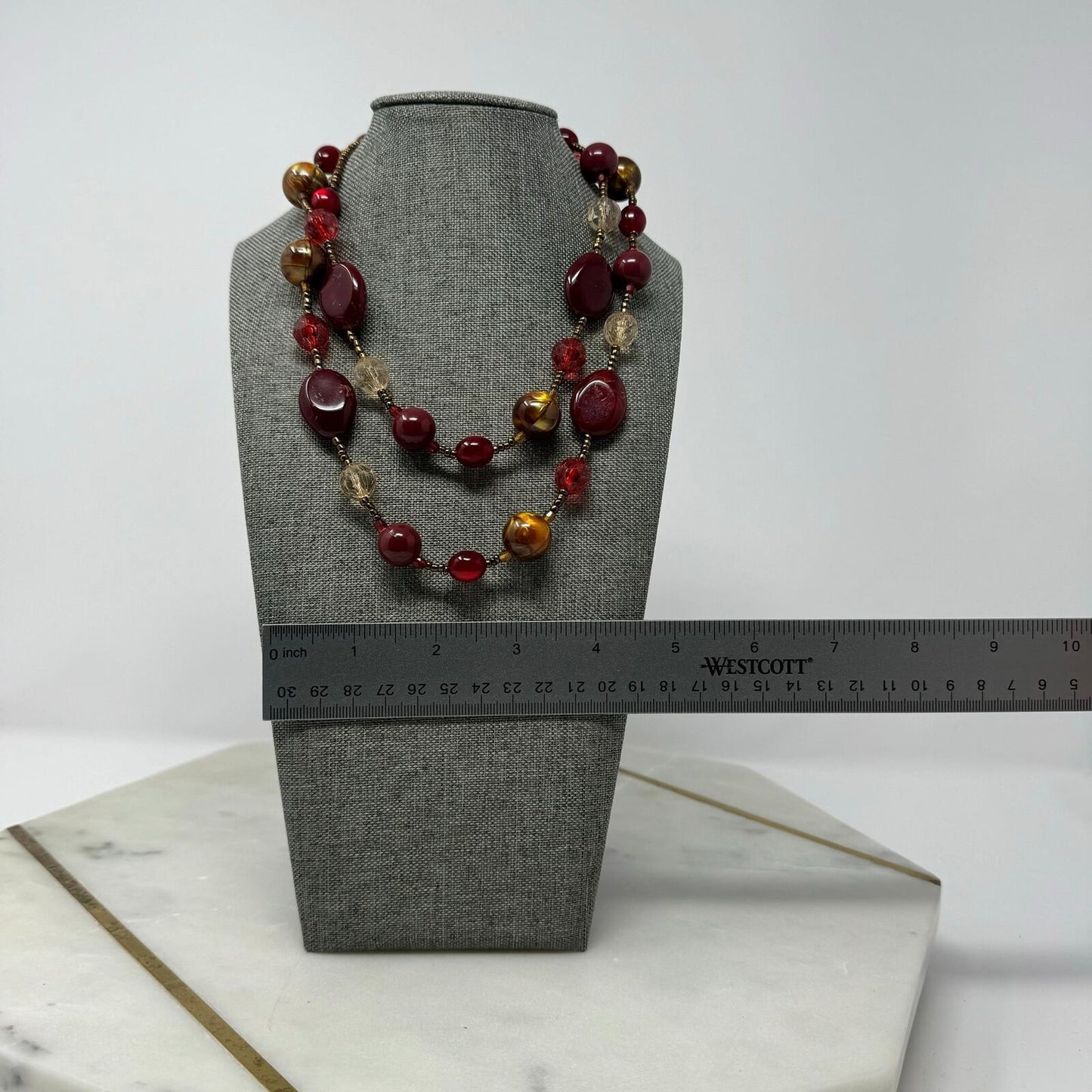Deep Red Beaded Station Necklace Shimmer Gold Accent Layer Statement 32”