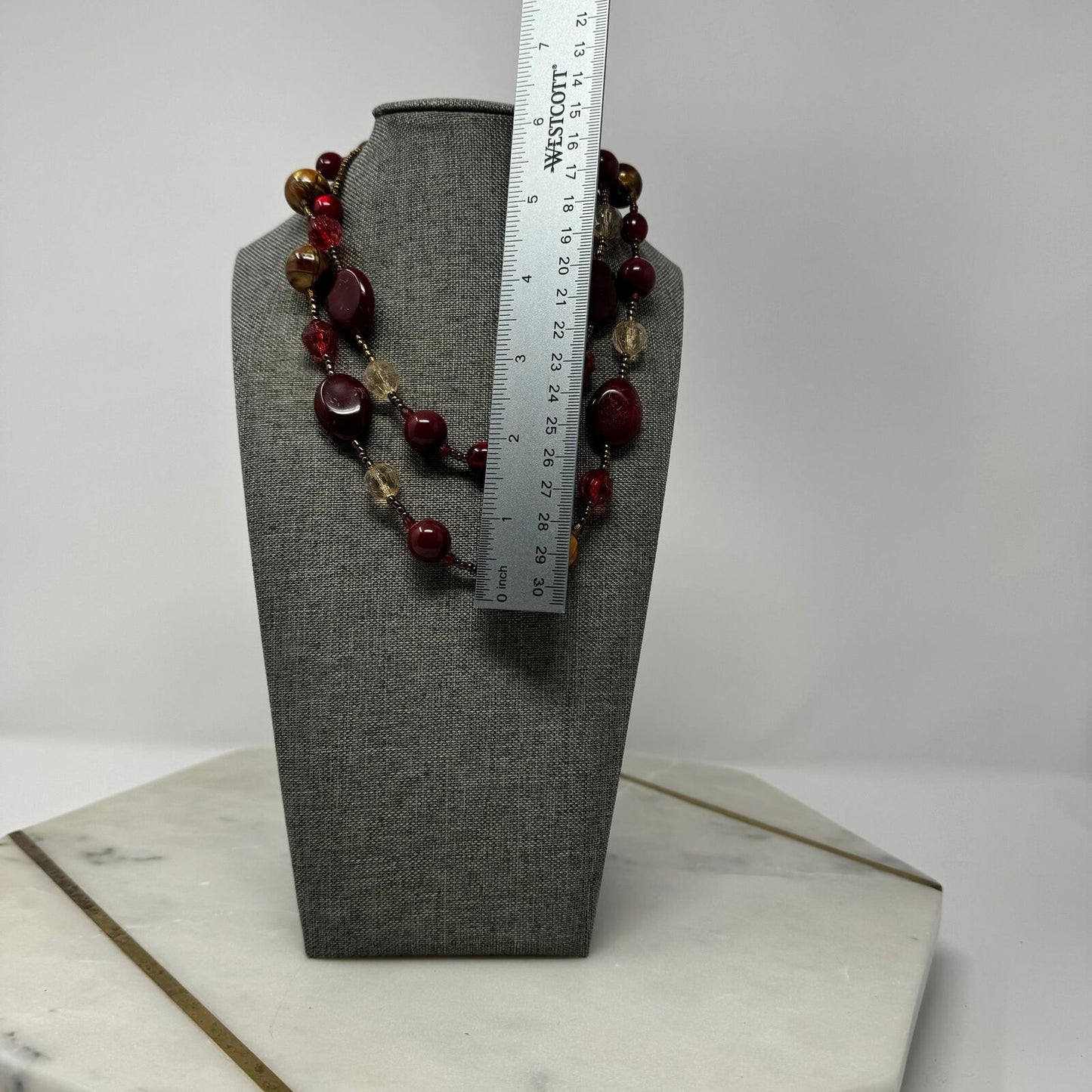 Deep Red Beaded Station Necklace Shimmer Gold Accent Layer Statement 32”