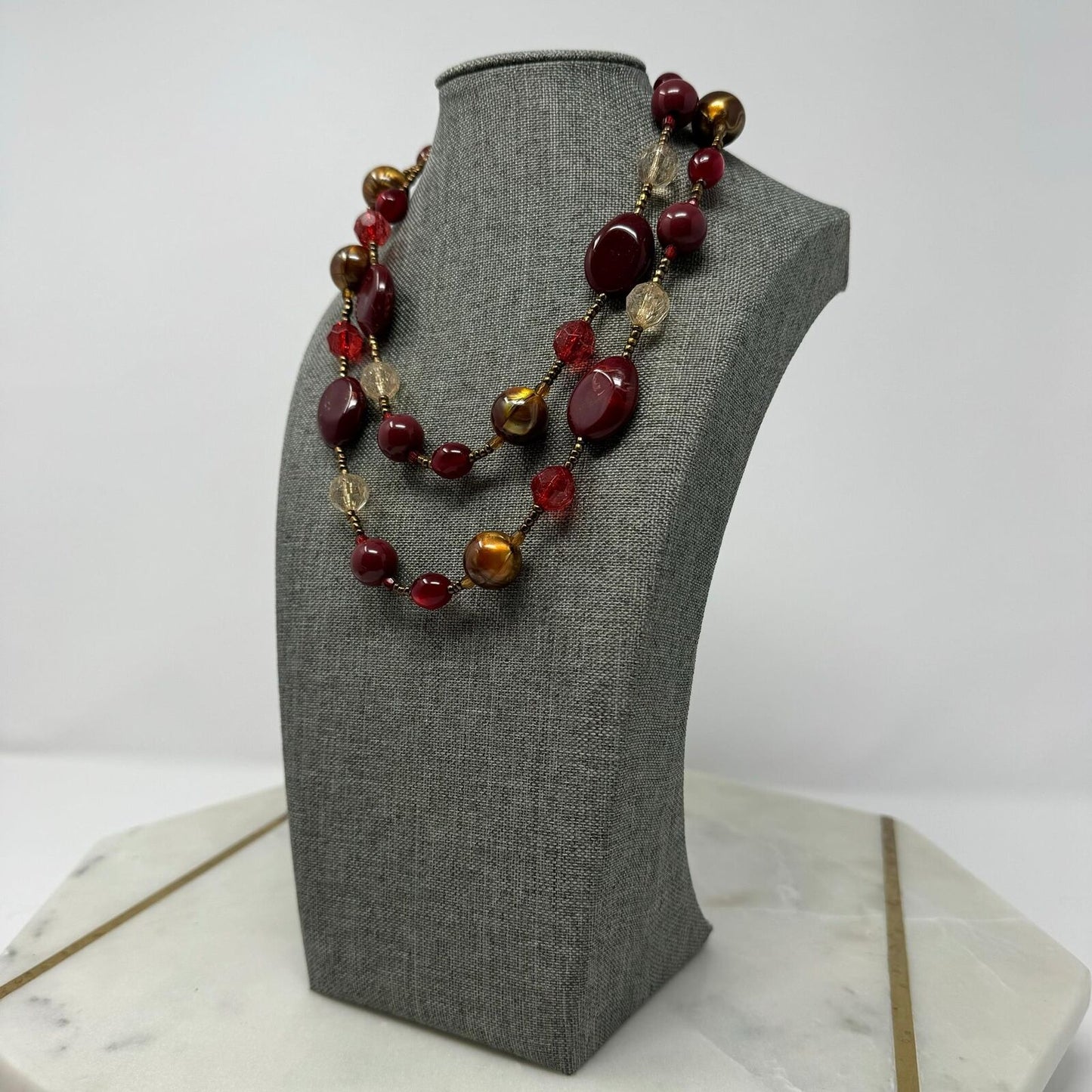 Deep Red Beaded Station Necklace Shimmer Gold Accent Layer Statement 32”
